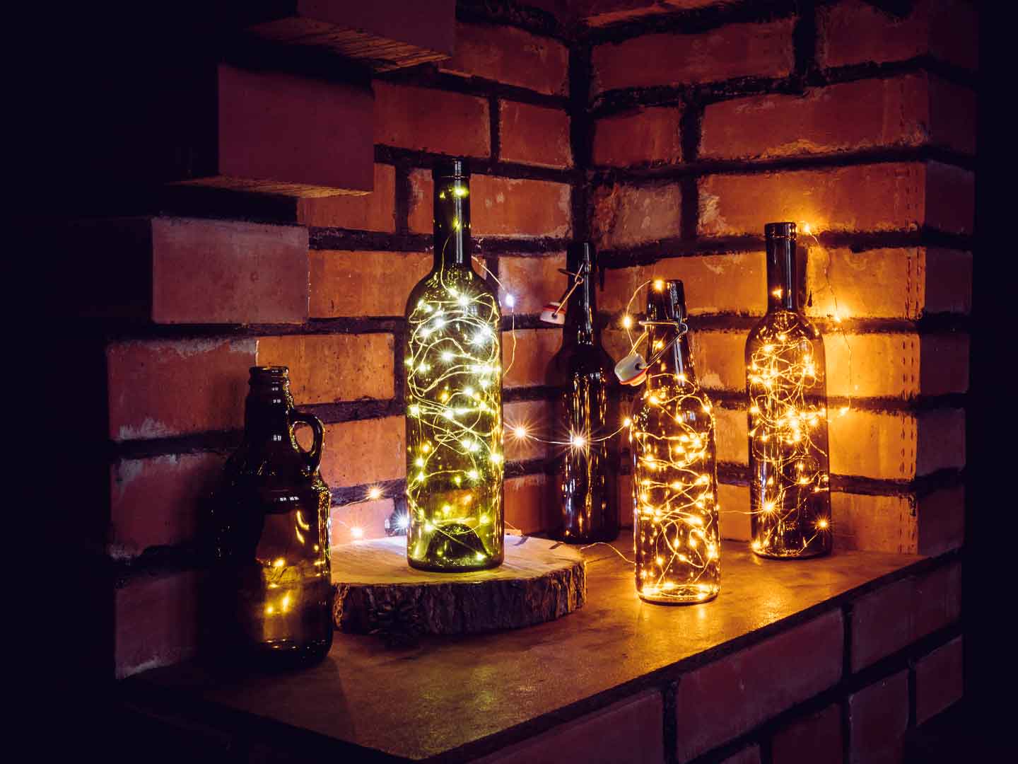 Recycled wine bottles used for creative home decor lighting